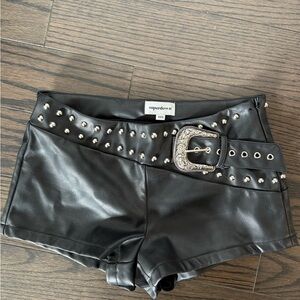 superdown Black Faux Leather Studded Shorts with Sculpted Silver Buckle